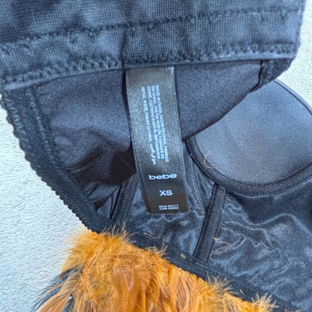 Bebe Feathers Crop Trim Bustier XS Black Brown Rhinestone Embellished Bralette - Picture 5 of 12